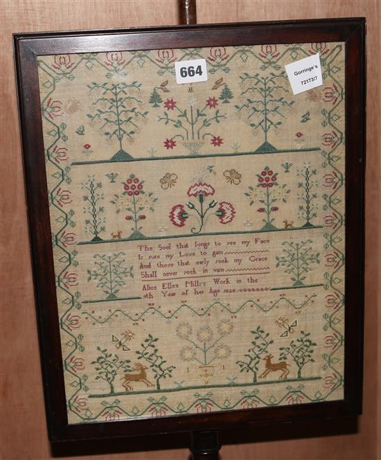 A George IV needlework sampler, with flowers and verse by Alice Ellen Mills, 1828, 39 x 31cm, housed in a polescreen